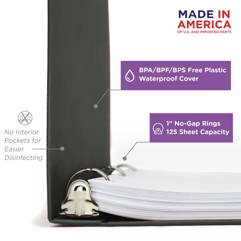 Carstens 1-Inch Heavy Duty 3-Ring Binder - Side Opening, Charcoal Gray, Durable Plastic, Precision No-Gap Rings, Waterproof Cover, No Pockets, Holds 125 Letter Sheets, BPA-Free, Made in USA (8710-3R) - Image 2